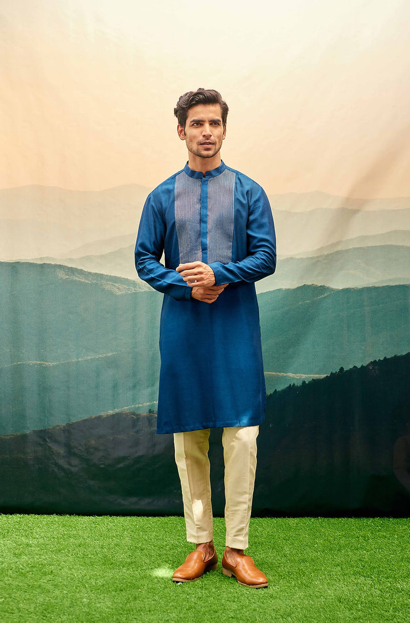 SAPPHIRE BLUE KURTA SET WITH GOLD STROKES ON YOKE