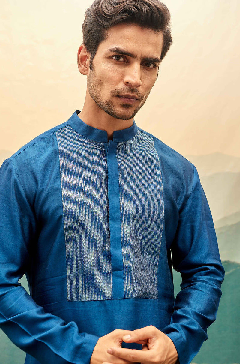 SAPPHIRE BLUE KURTA SET WITH GOLD STROKES ON YOKE