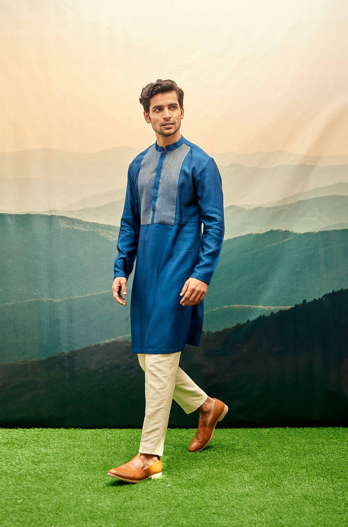 SAPPHIRE BLUE KURTA SET WITH GOLD STROKES ON YOKE