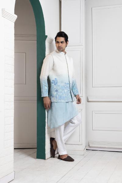 IVORY-SKY OMBRE EMBROIDERED NEHRU AND KURTA SET