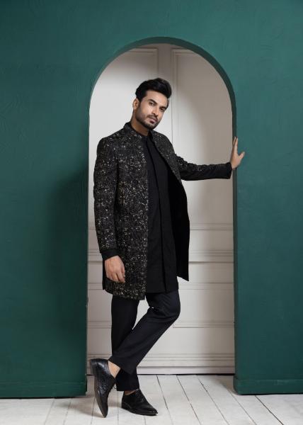 MIDNIGHT BLACK EMBROIDERED ACHKAN AND KURTA SET
