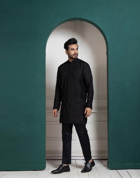 MIDNIGHT BLACK EMBROIDERED ACHKAN AND KURTA SET