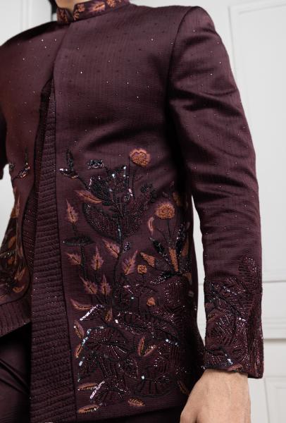 EMBROIDERED WINE BANDHGALA SET