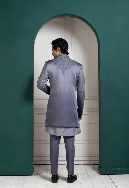 SILVER INTRICATE EMBROIDERED SHERWANI AND KURTA SET