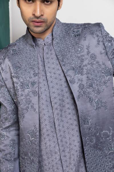SILVER INTRICATE EMBROIDERED SHERWANI