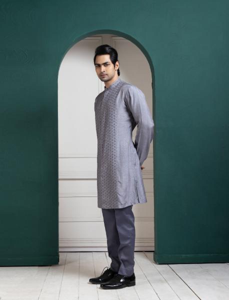 SILVER INTRICATE EMBROIDERED SHERWANI AND KURTA SET