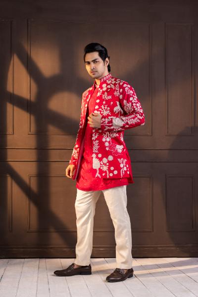 CRIMSON PALM GROVE EMBROIDERED NEHRU JACKET