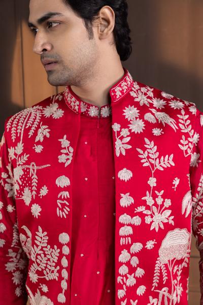 CRIMSON PALM GROVE EMBROIDERED NEHRU AND KURTA SET
