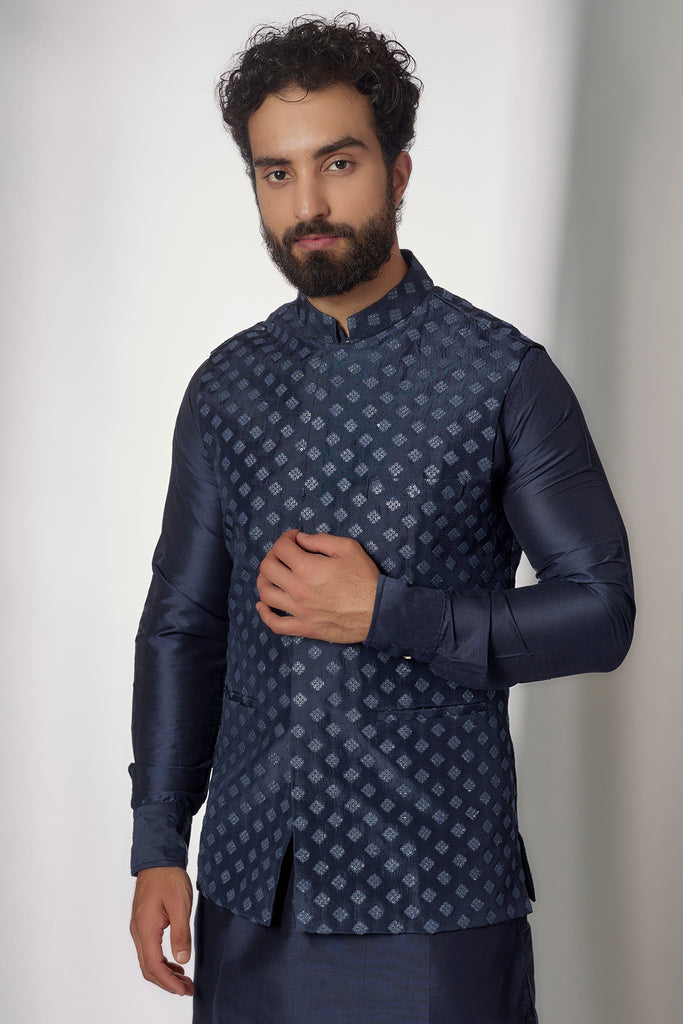 NAVY EMBROIDERED NEHRU JACKET WITH KURTA SET