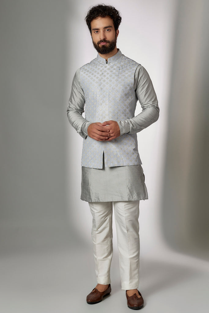 GREY EMBROIDERED NEHRU JACKET WITH KURTA SET