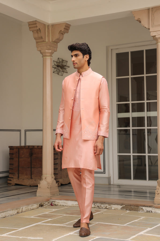 Gulzar Pink Floral Threadwork Bandi Kurta Set