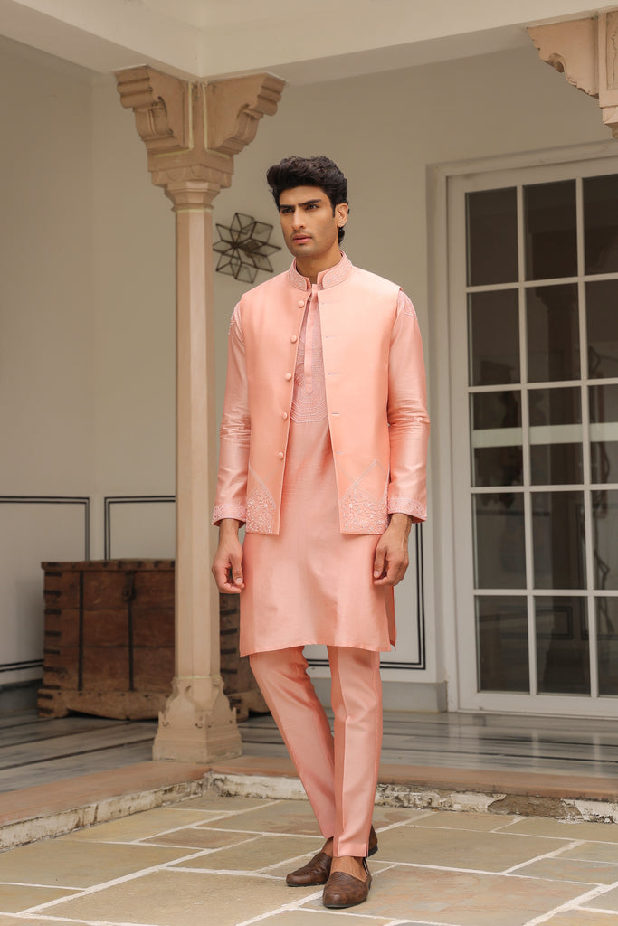 Gulzar Pink Floral Threadwork Bandi Kurta Set