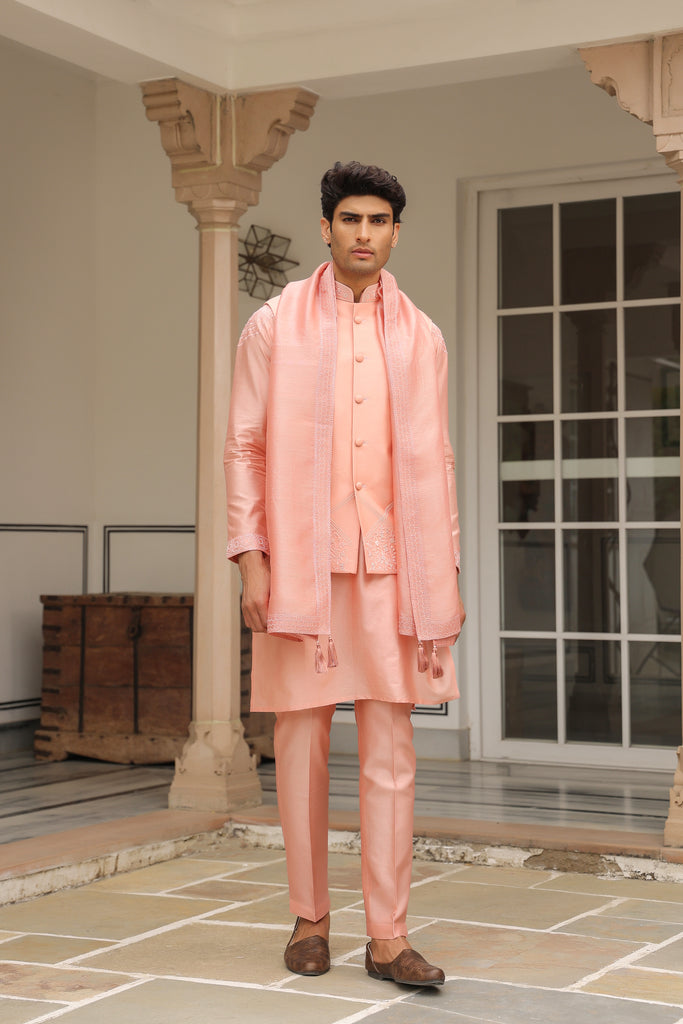 Gulzar Pink Floral Threadwork Bandi Kurta Set