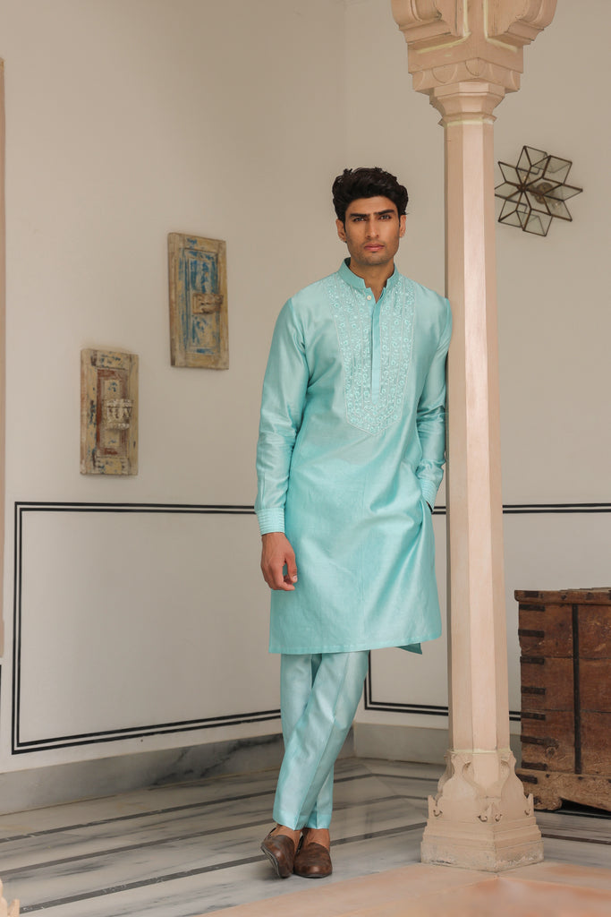 Gulzar Light Blue Floral Embroidered Neckline Kurta Set