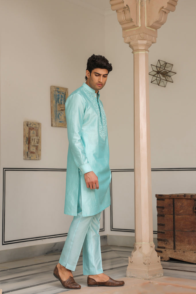 Gulzar Light Blue Floral Embroidered Neckline Kurta Set