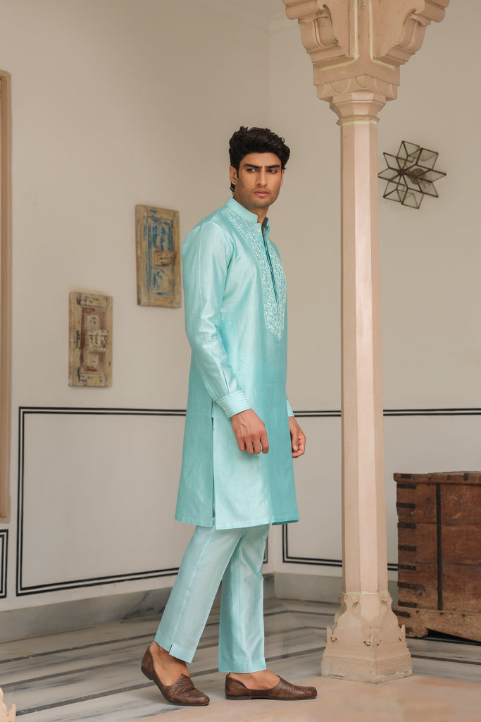 Gulzar Light Blue Floral Embroidered Neckline Kurta Set