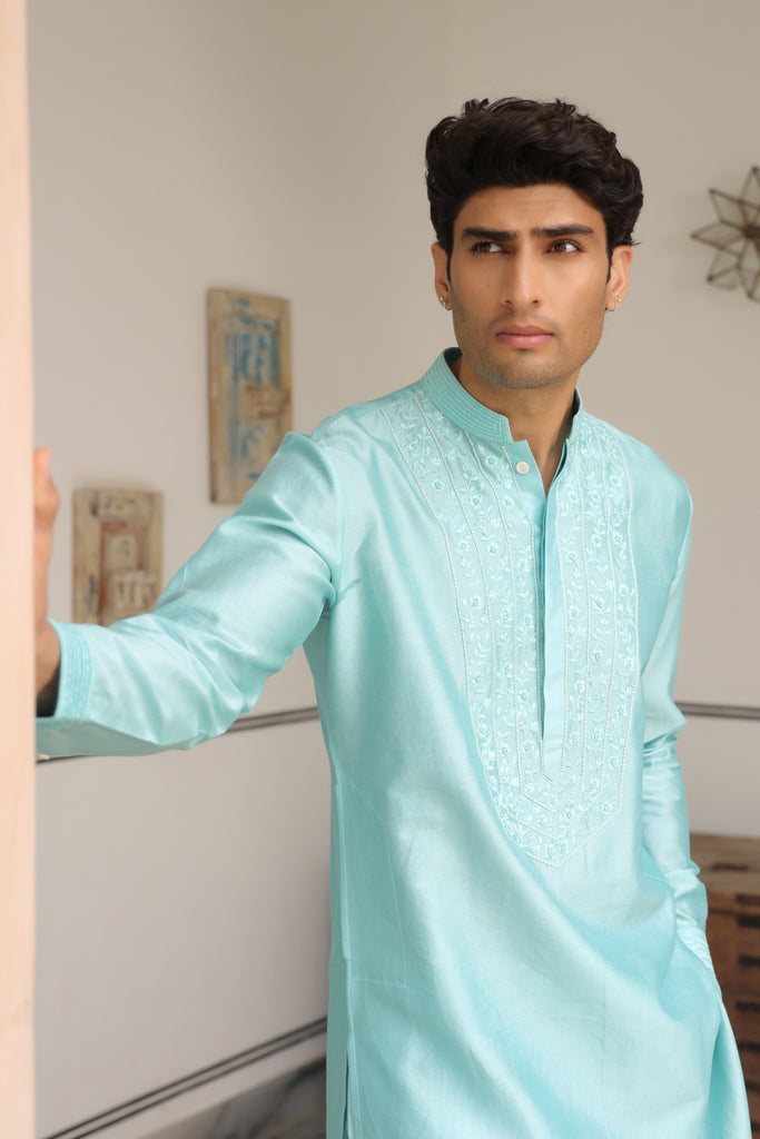 Gulzar Light Blue Floral Embroidered Neckline Kurta Set