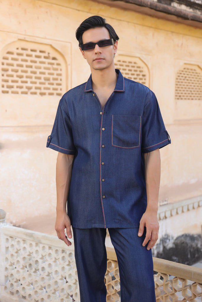 Dark Blue Denim Cuban Collar Shirt