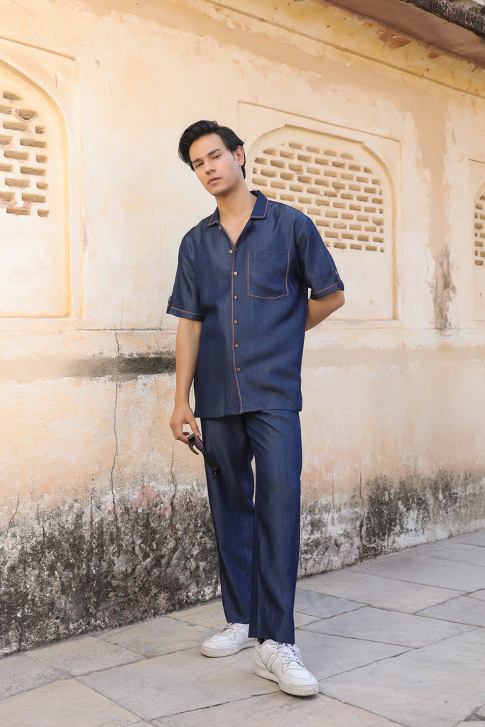 Dark Blue Denim Cuban Collar Shirt