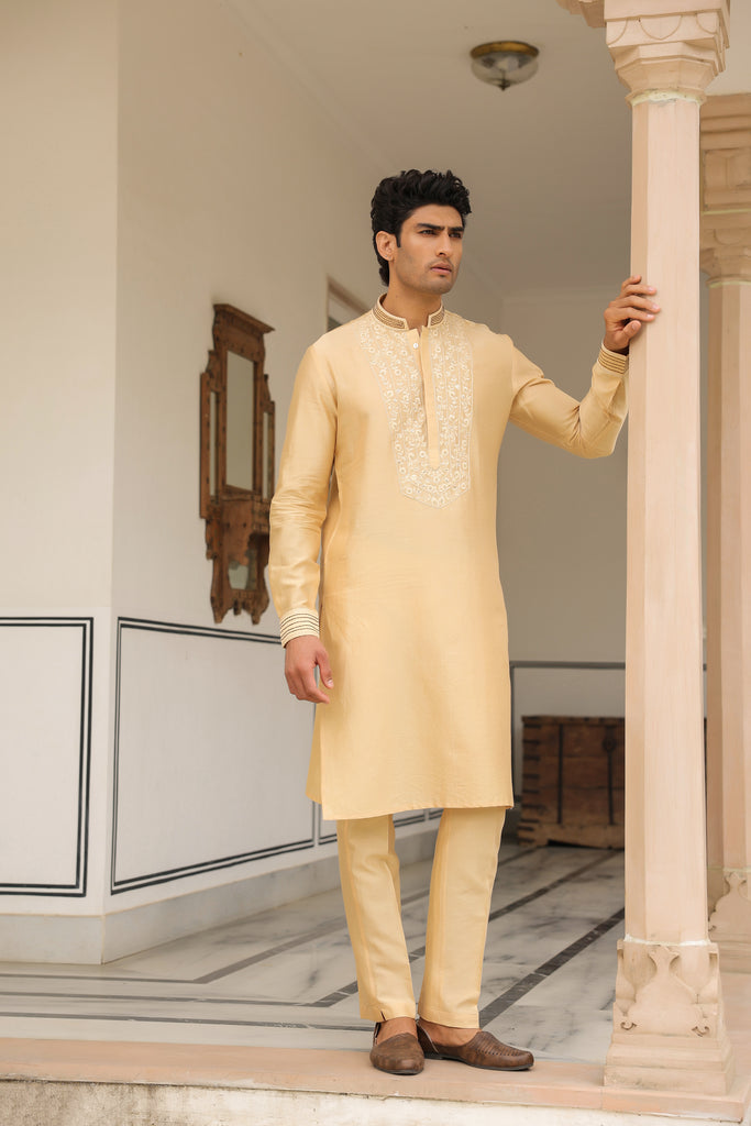 Gulzar Beige Floral Embroidered Neckline Kurta Set