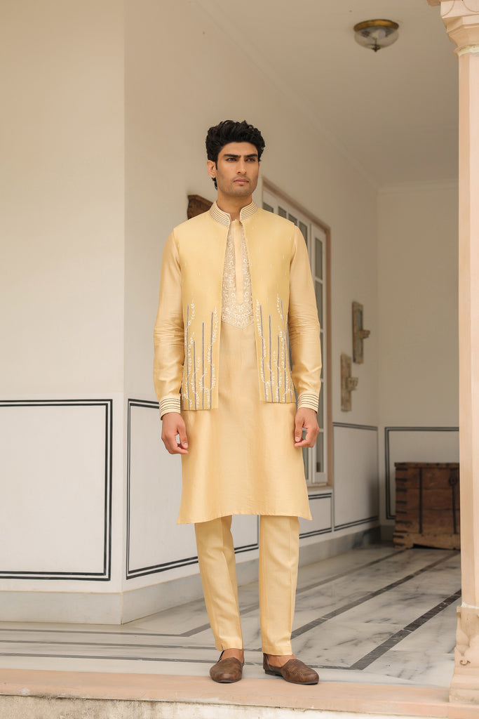 Gulzar Beige Floral Embroidered Bandi Kurta Set