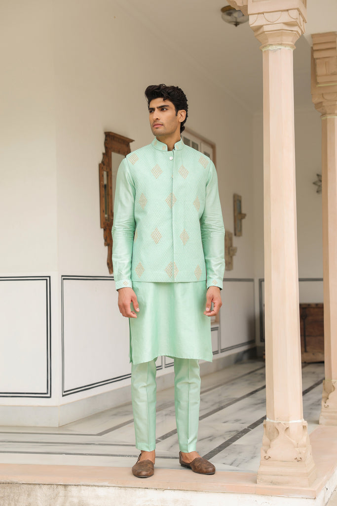 Gulzar Mint Green Geometric Threadwork Bandi Kurta Set