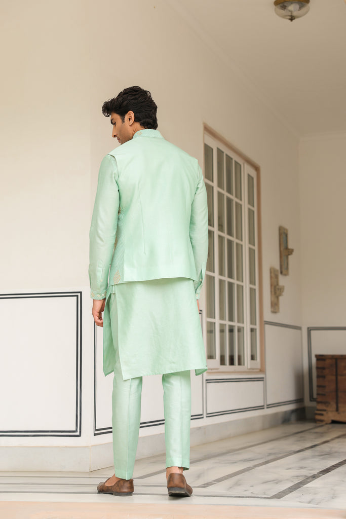 Gulzar Mint Green Geometric Threadwork Bandi Kurta Set