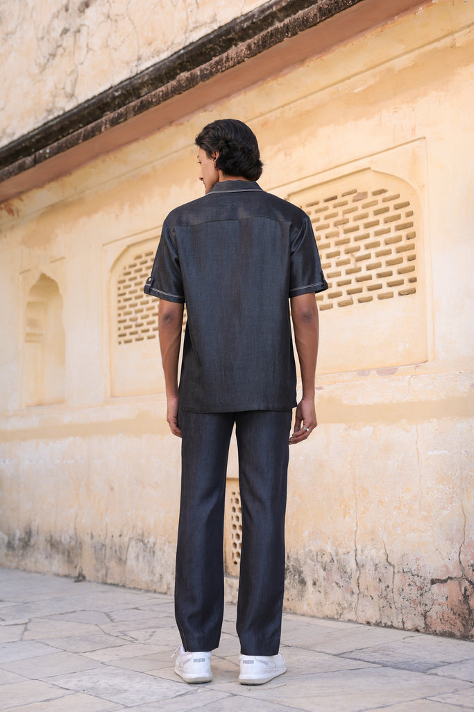 Black Denim Cuban Collar Shirt