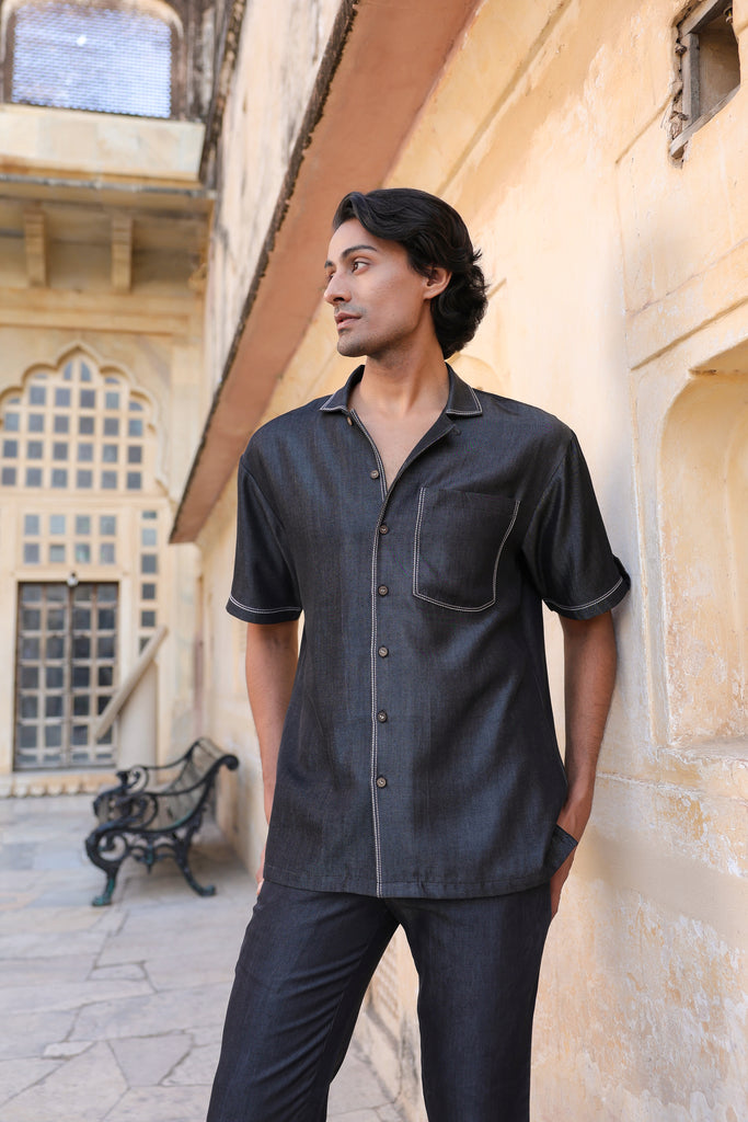 Black Denim Cuban Collar Shirt