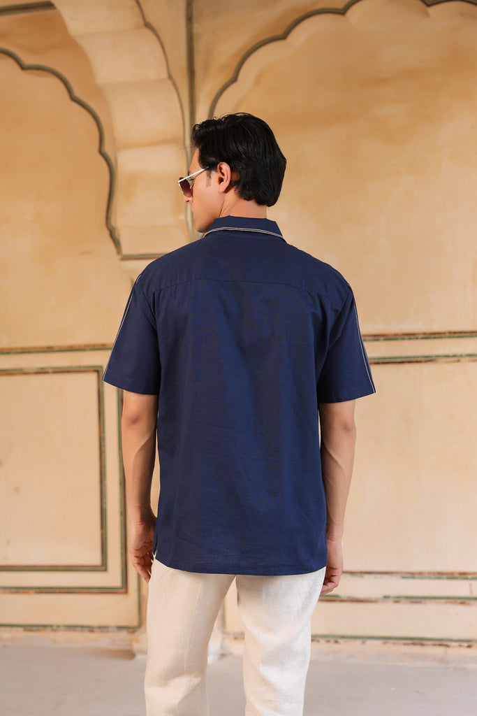 Navy Blue Cuban Collar Shirt