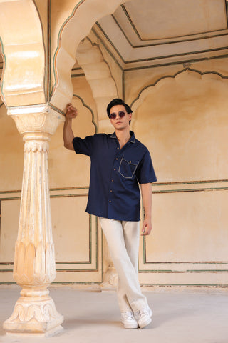 Navy Blue Cuban Collar Shirt