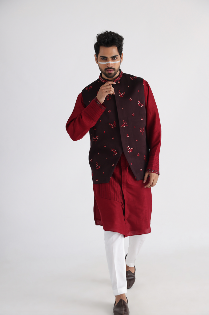 AHMAR BROWN NEHRU AND MAROON KURTA SET
