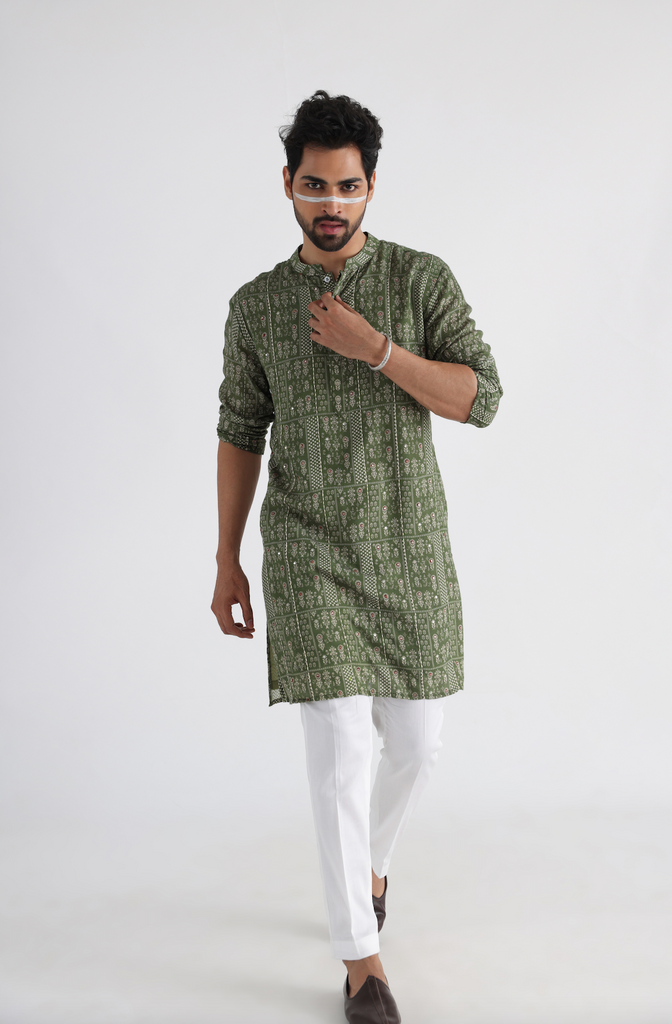 OLIVE PRINTED KURTA SET