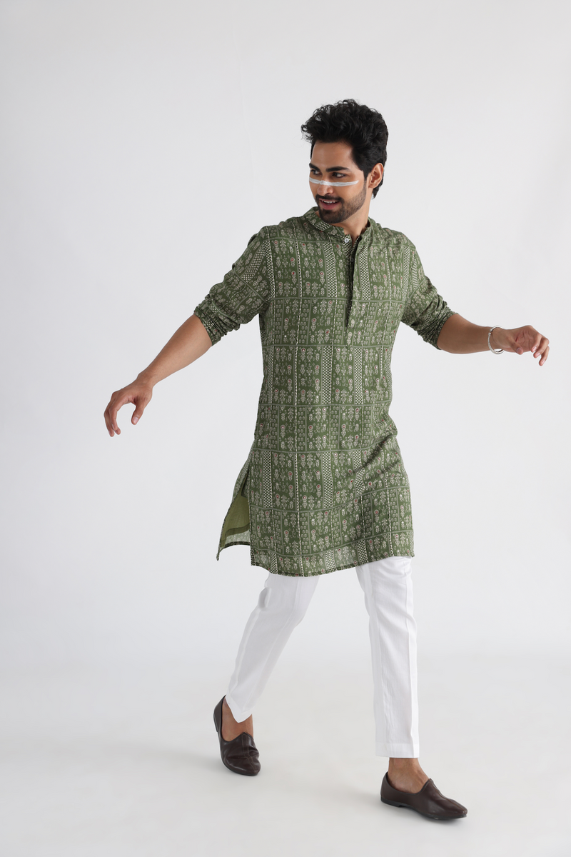 OLIVE PRINTED KURTA SET