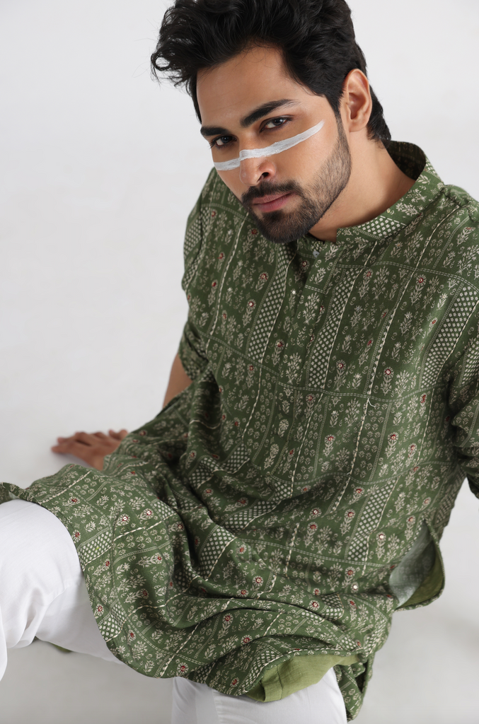 OLIVE PRINTED KURTA SET