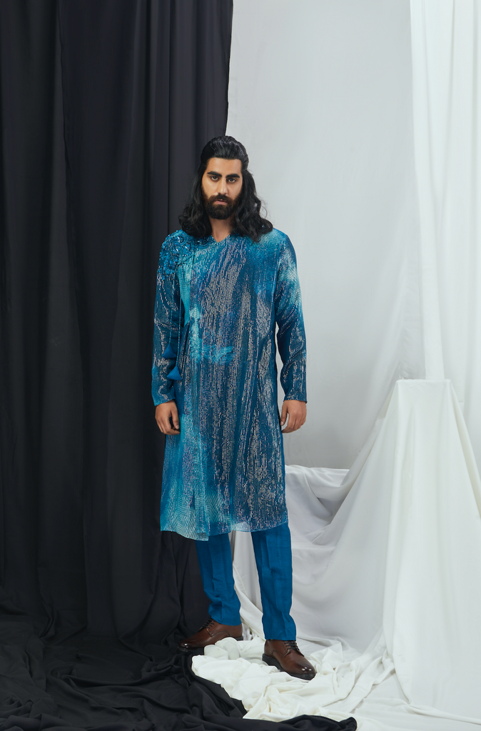 JADE BLUE BLOTCH PRINTED AND HAND EMBROIDERED ANGRAKHA KURTA WITH PANTS