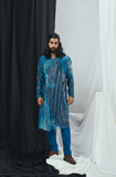 JADE BLUE BLOTCH PRINTED AND HAND EMBROIDERED ANGRAKHA KURTA WITH PANTS