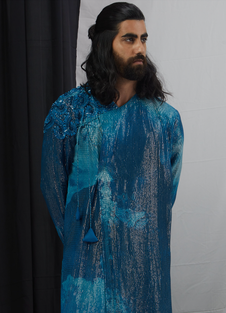 JADE BLUE BLOTCH PRINTED AND HAND EMBROIDERED ANGRAKHA KURTA WITH PANTS