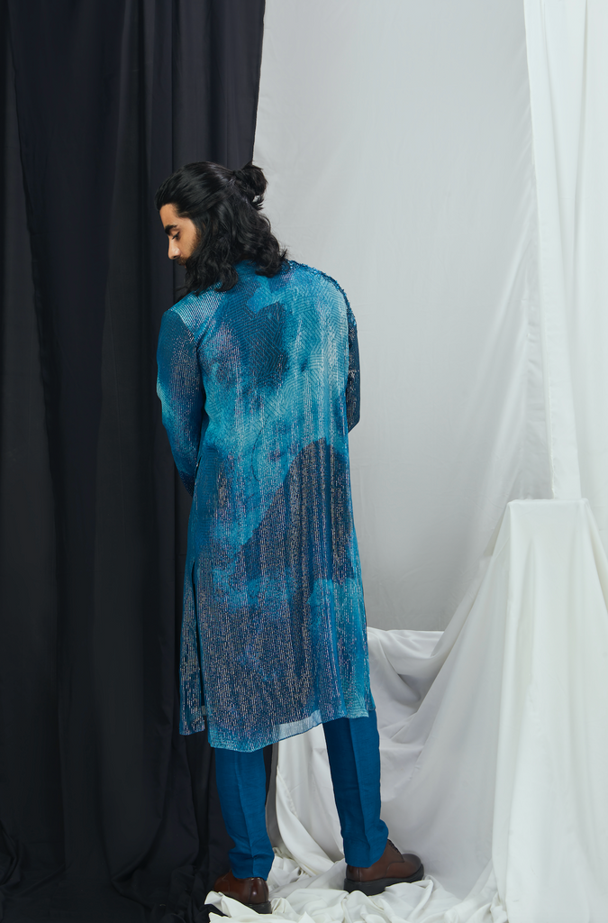 JADE BLUE BLOTCH PRINTED AND HAND EMBROIDERED ANGRAKHA KURTA WITH PANTS