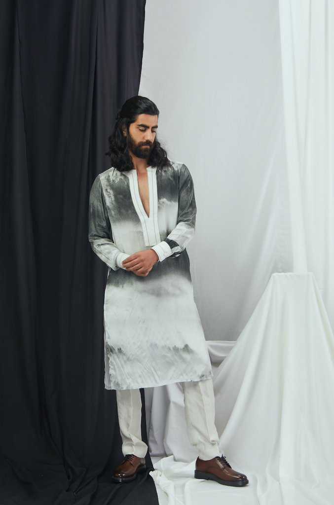 CARBON NOKIA SILK KURTA WITH PANTS AND FOREST PRINTED VELVET BANDI