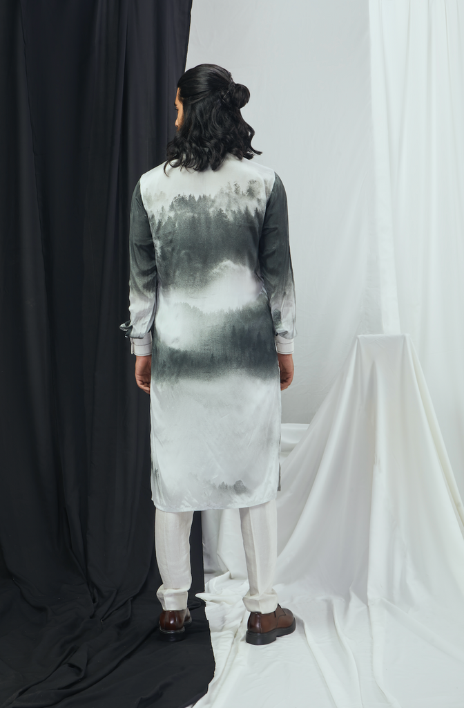 CARBON NOKIA SILK KURTA WITH PANTS AND FOREST PRINTED VELVET BANDI