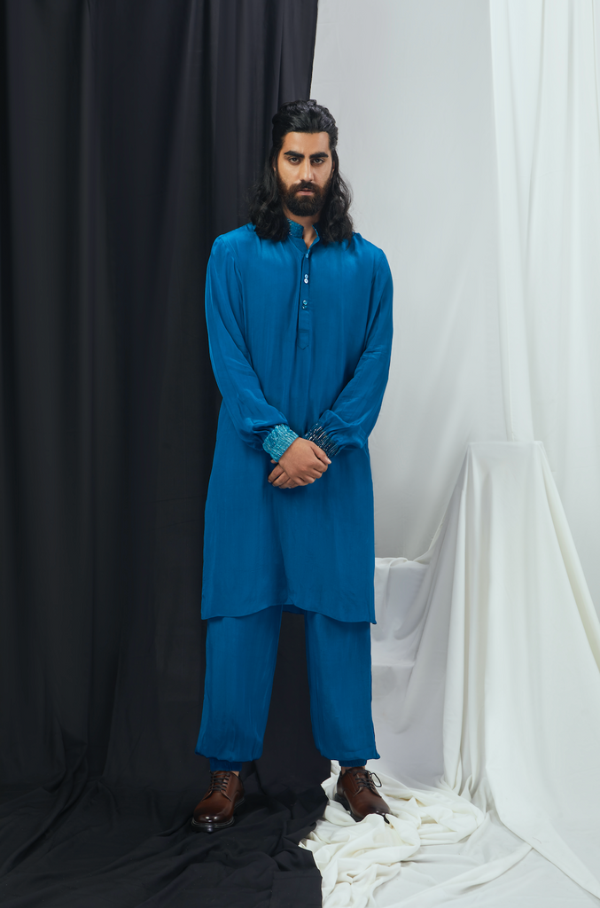 JADE BLUE KURTA WITH PANTS AND CUFF DETAILING