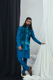 JADE BLUE NOKIA SILK KURTA WITH PANTS AND BLOTCH PRINTED VELVET BANDI