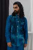 JADE BLUE NOKIA SILK KURTA WITH PANTS AND BLOTCH PRINTED VELVET BANDI