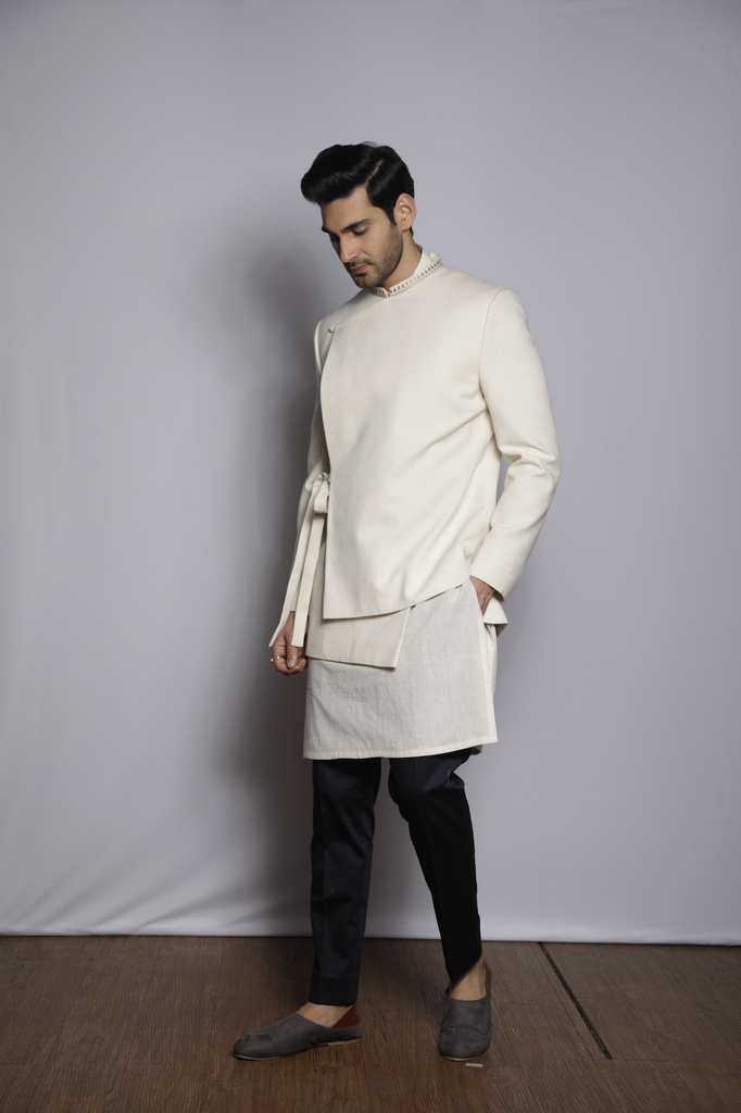 OFF WHITE ASYMMETRICAL BANDHGALA