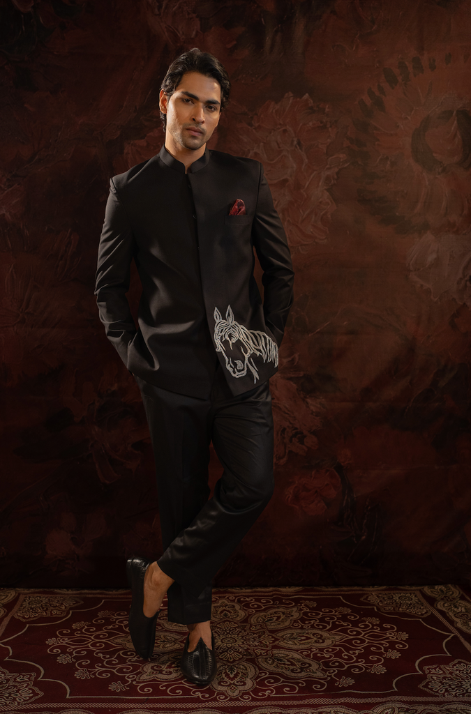 BLACK BANDHGALA WITH HORSE MOTIF