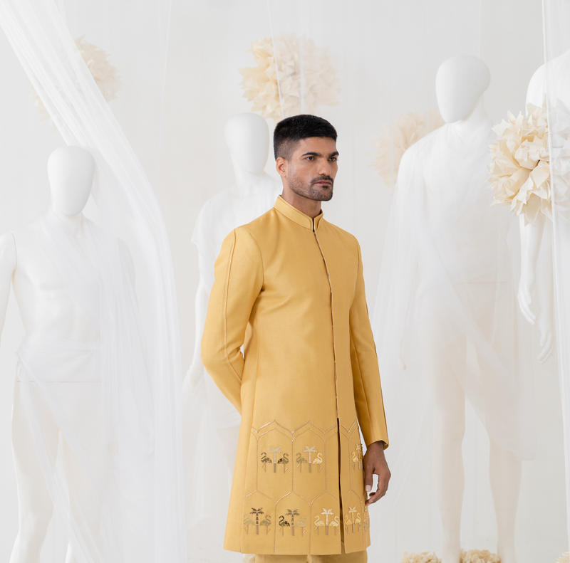 GOLDEN GLOW FLAMINGO SHERWANI SET