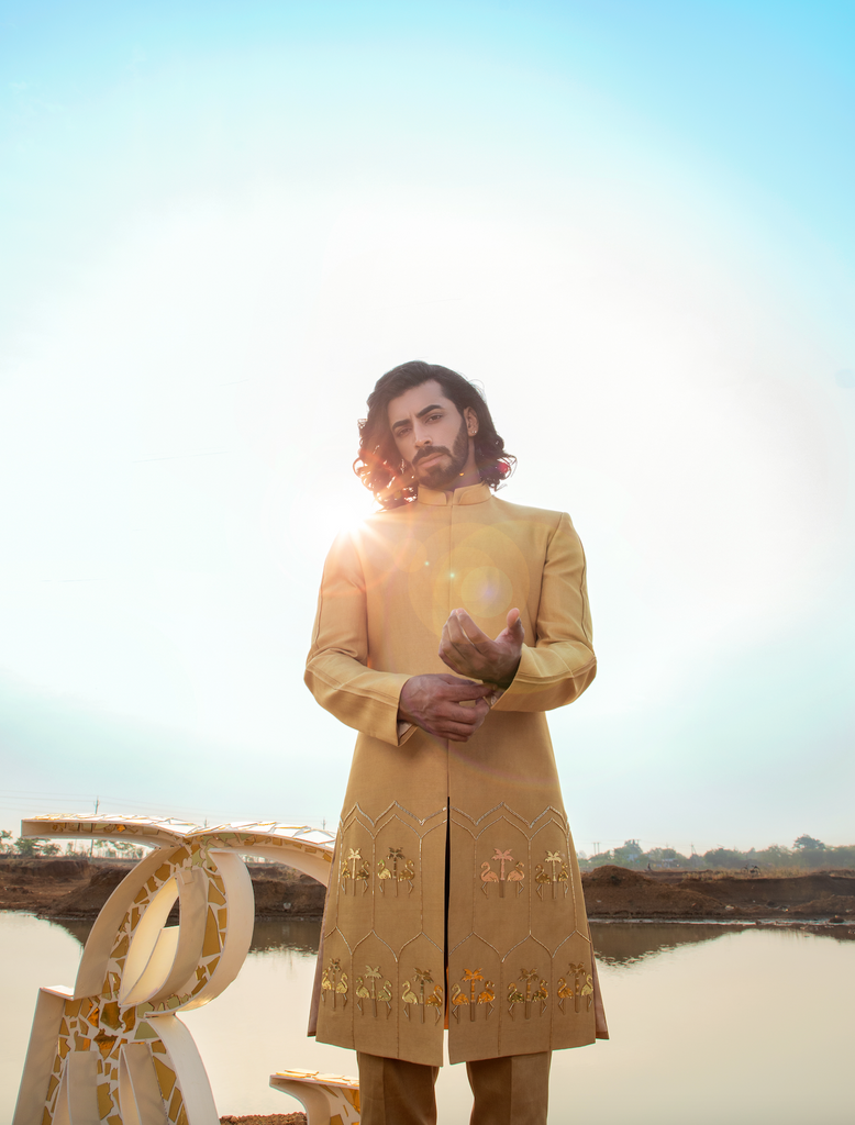 GOLDEN GLOW FLAMINGO SHERWANI SET