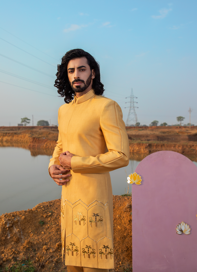 GOLDEN GLOW FLAMINGO SHERWANI SET