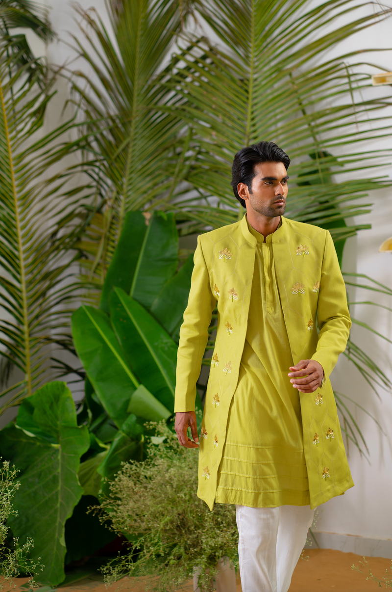 GREEN LOTUS EMBROIDERED SHERWANI SET